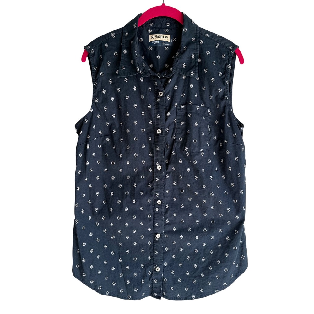 MAGELLAN‎ Navy Blue Diamond Print Ladies Sleeveless Button Down Top, XL